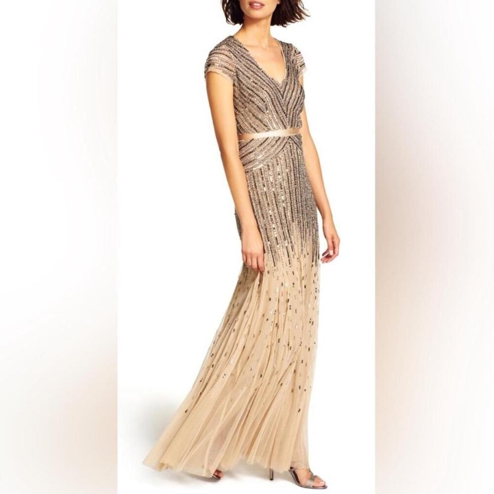 Adrianna Papell Women's Long Beaded Sequins Dress Size 4 Blush Pink